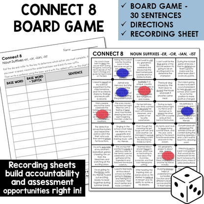Connect 8 board game for noun suffixes -ER, -OR, -IAN, -IST