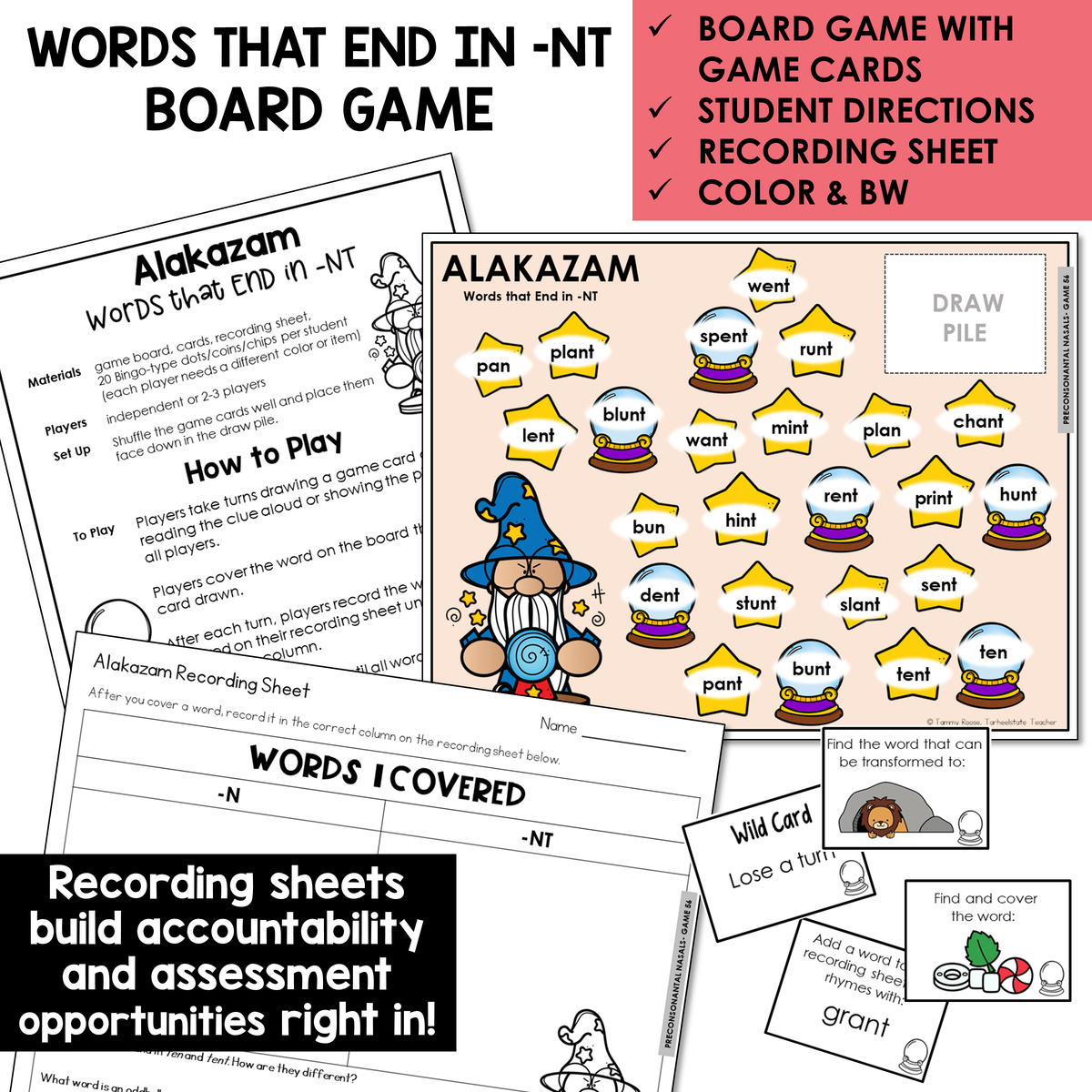 Alakazam board game, game cards, and recording sheet for -NT words