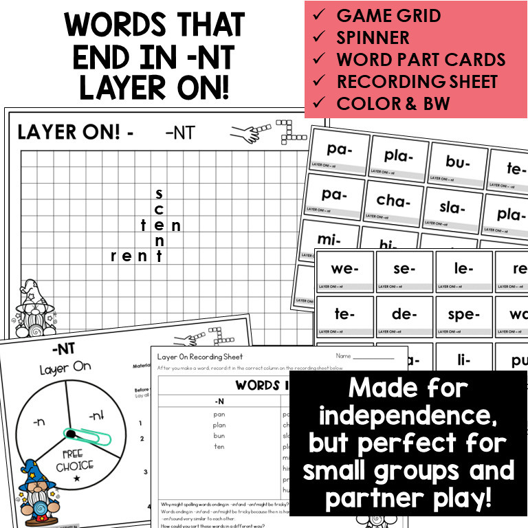 Layer On word building grid, word part cards, and spinner for -NT words