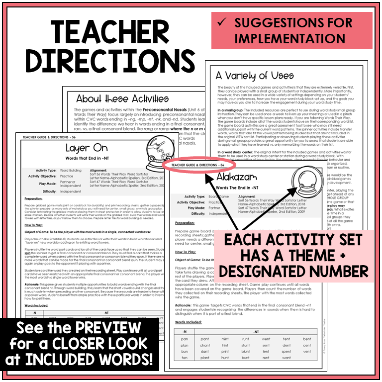 Teacher directions for -NT word games