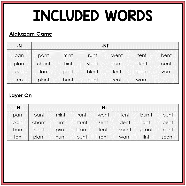 Word list for -NT word games, Sort 56