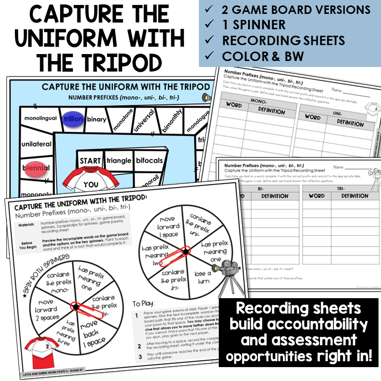 Capture the Uniform with the Tripod board game for number prefixes MONO-, UNI-, BI-, TRI-