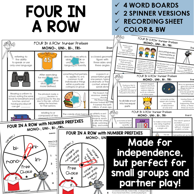 Four in a Row word board activity for number prefixes MONO-, UNI-, BI-, TRI-