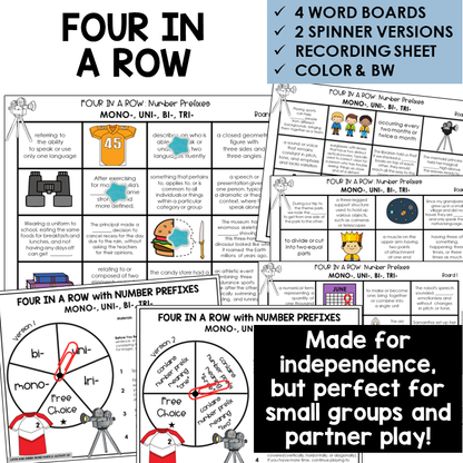 Four in a Row word board activity for number prefixes MONO-, UNI-, BI-, TRI-