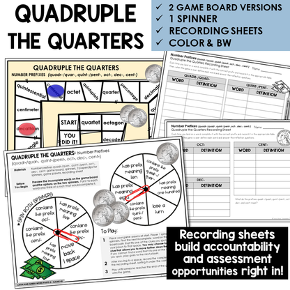 Quadruple the Quarters board game for number prefixes QUADR-/QUAR-, QUINT-/PENT-, OCT-, DEC-, CENT-