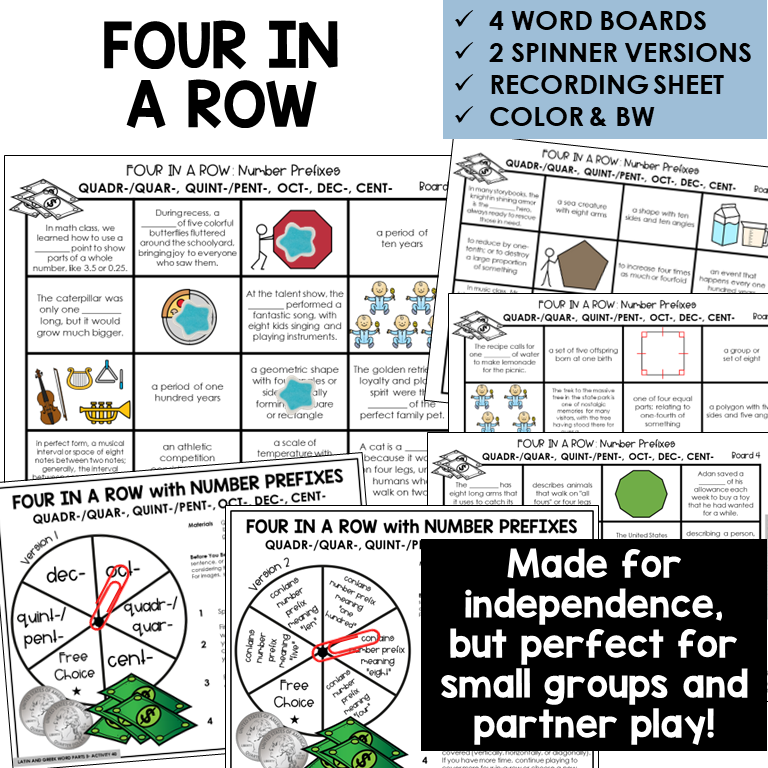 Four in a Row word board activity for number prefixes QUADR-/QUAR-, QUINT-/PENT-, OCT-, DEC-, CENT-