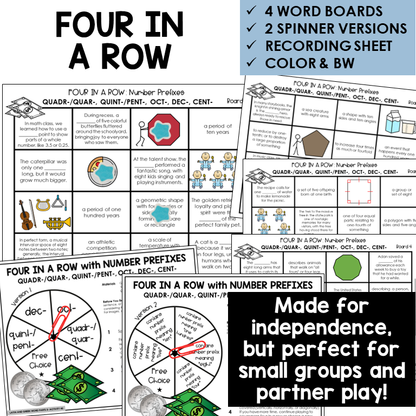 Four in a Row word board activity for number prefixes QUADR-/QUAR-, QUINT-/PENT-, OCT-, DEC-, CENT-