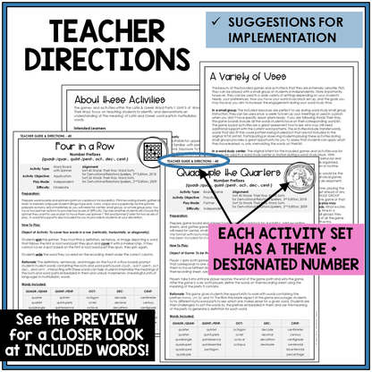 Teacher directions for number prefixes QUADR-/QUAR-, QUINT-/PENT-, OCT-, DEC-, CENT- games