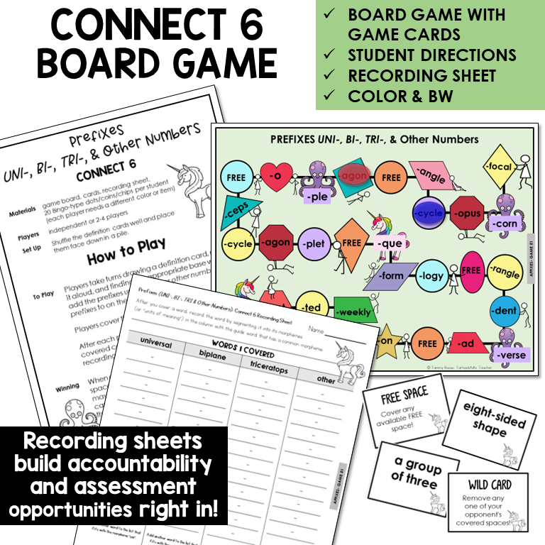 Connect 6 Board Game for number prefixes UNI-, BI-, and TRI-, with recording sheet
