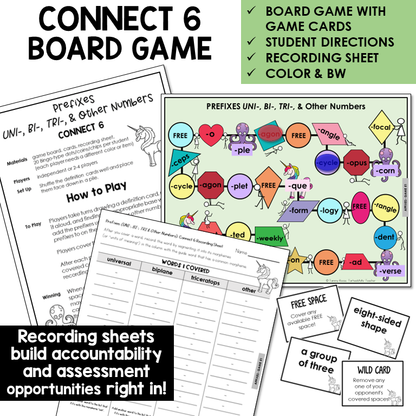 Connect 6 Board Game for number prefixes UNI-, BI-, and TRI-, with recording sheet