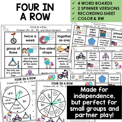 Four In A Row for number prefixes UNI-, BI-, and TRI-, with spinners and recording sheet