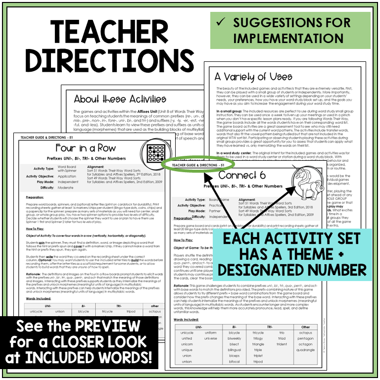 Teacher directions for number prefixes UNI-, BI-, and TRI- games