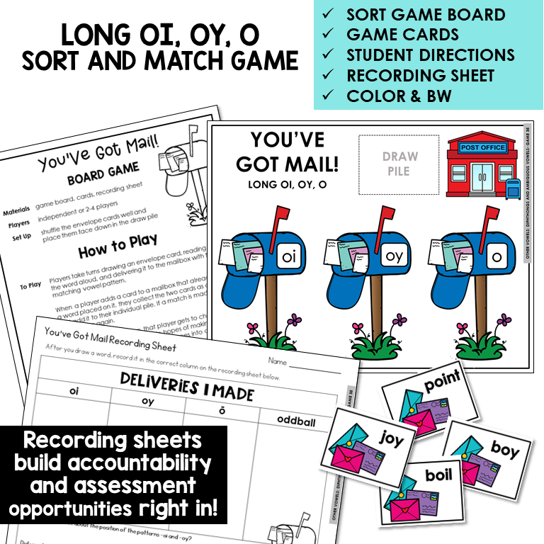 OI, OY, and Long O sort and match board game with recording sheet