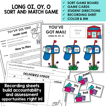 OI, OY, and Long O sort and match board game with recording sheet
