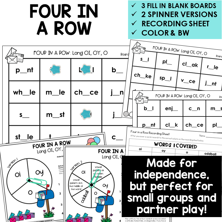 Four In A Row boards, spinners, and recording sheet for OI, OY, and Long O