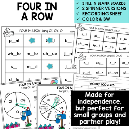 Four In A Row boards, spinners, and recording sheet for OI, OY, and Long O
