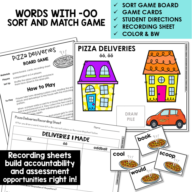 OO words sort and match board game with recording sheet
