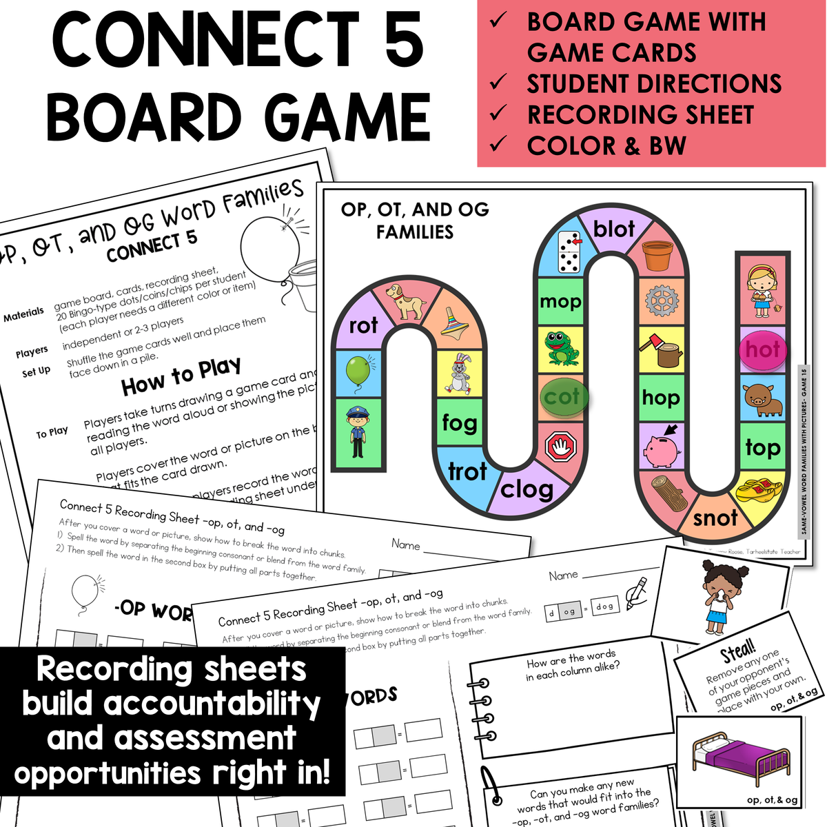 Connect 5 board game, game cards, and recording sheet for OP, OT, and OG word families
