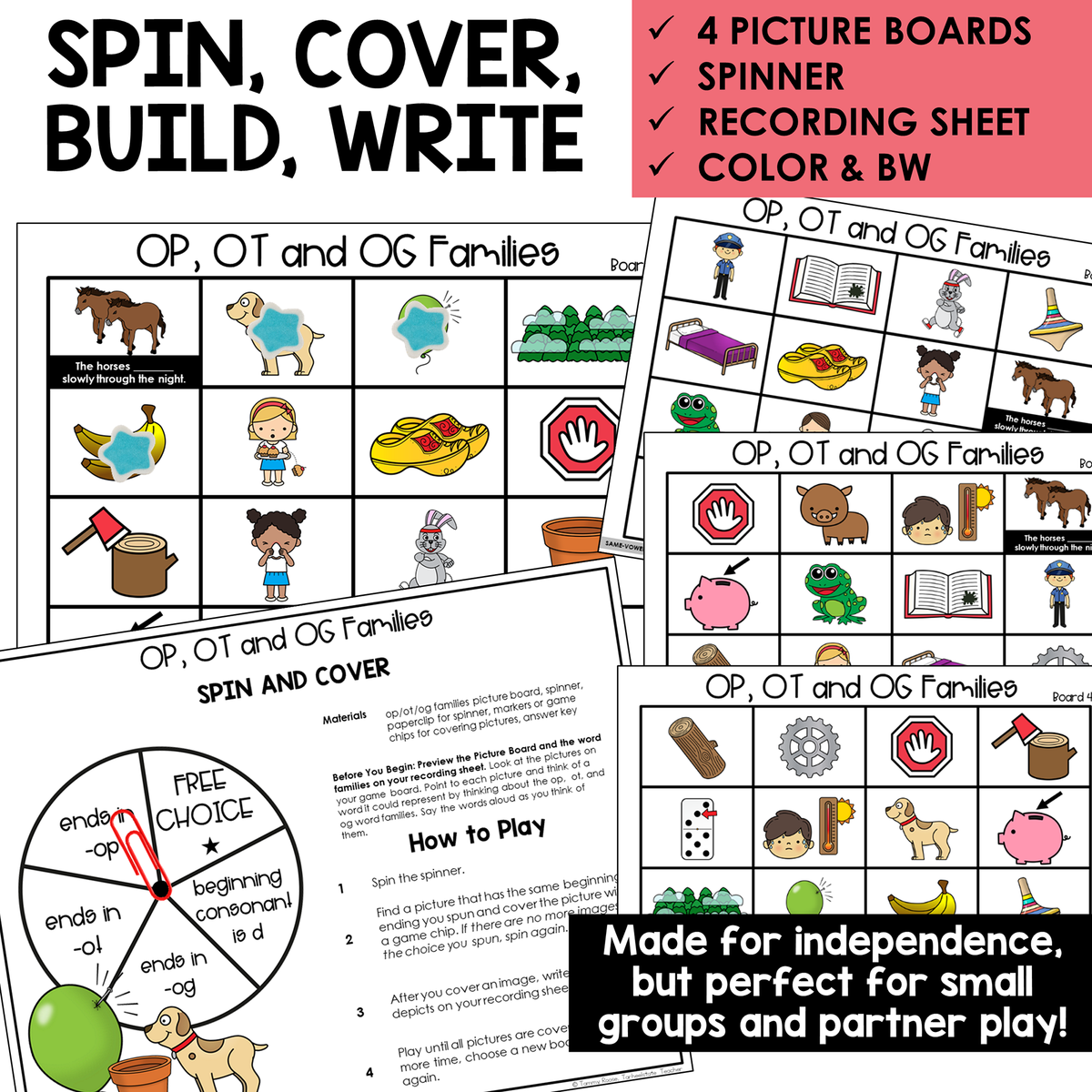 Spin, Cover, Build, Write picture boards and spinner for OP, OT, and OG word families