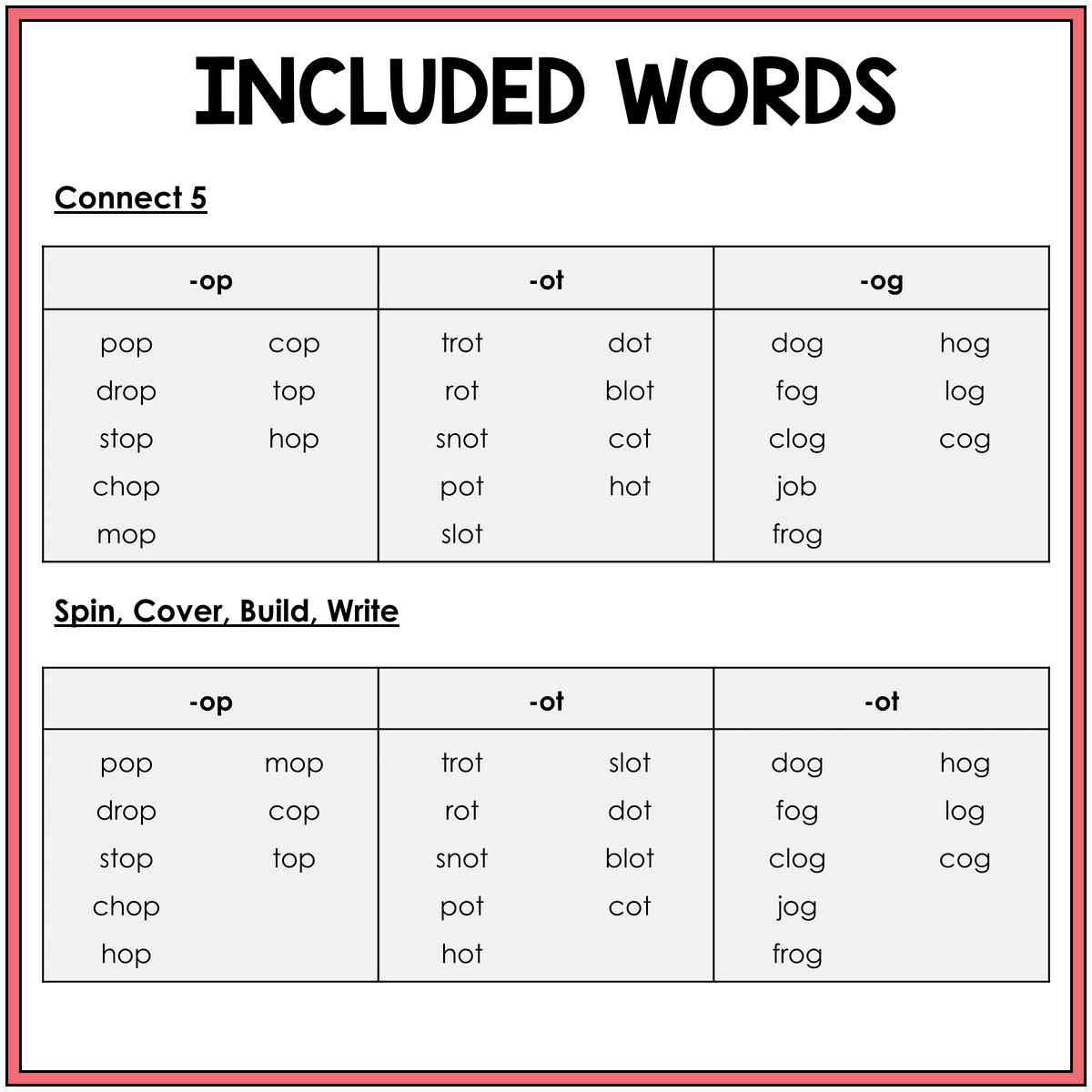 Word list for OP, OT, and OG word family games, Sort 15