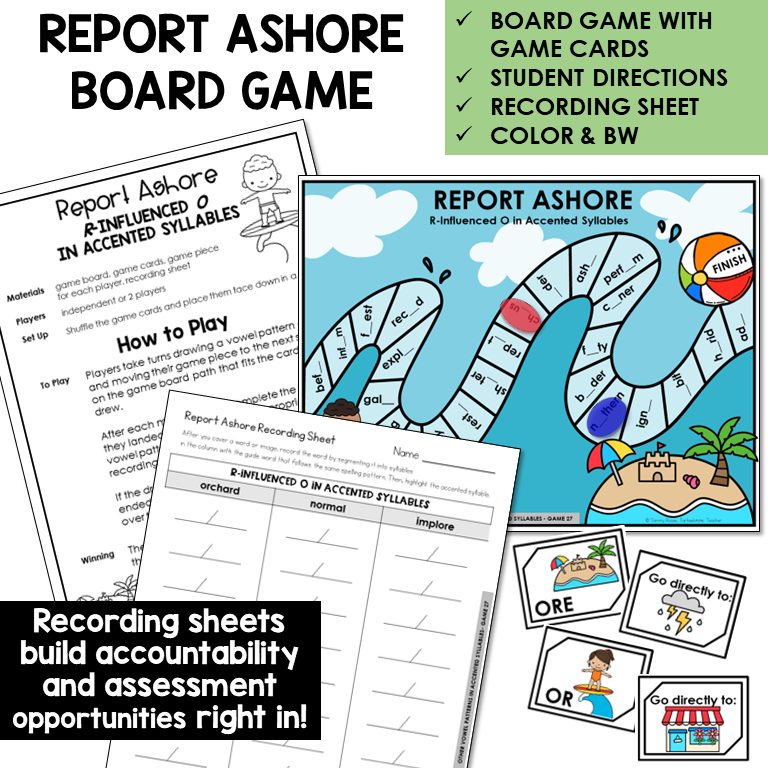 Report Ashore Board Game for R-controlled OR and ORE in accented syllables, with recording sheet