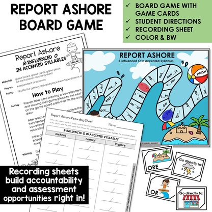 Report Ashore Board Game for R-controlled OR and ORE in accented syllables, with recording sheet