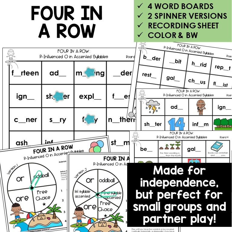 Four In A Row for R-controlled OR and ORE in accented syllables, with spinners and recording sheet