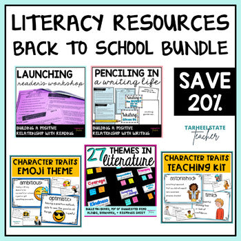 Back to school ELA bundle cover showing reading and writing workshop units, themes in literature, and character traits kits