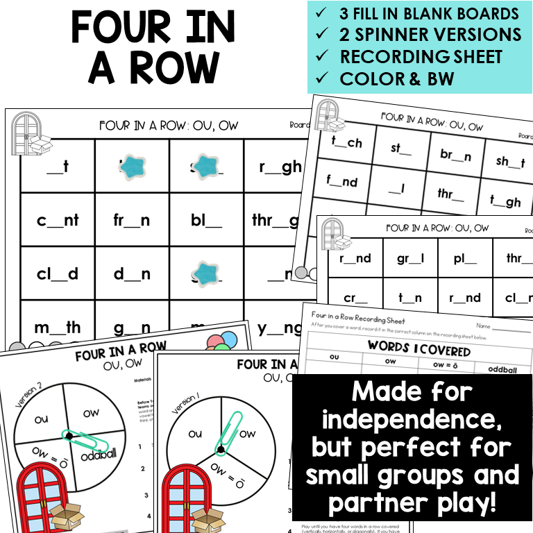 Four In A Row boards, spinners, and recording sheet for OU and OW