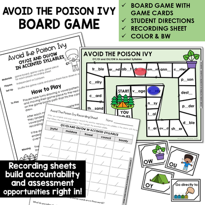 Avoid the Poison Ivy Board Game for OY, OI, OU, and OW in accented syllables, with recording sheet