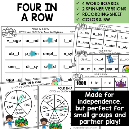 Four In A Row for OY, OI, OU, and OW in accented syllables, with spinners and recording sheet
