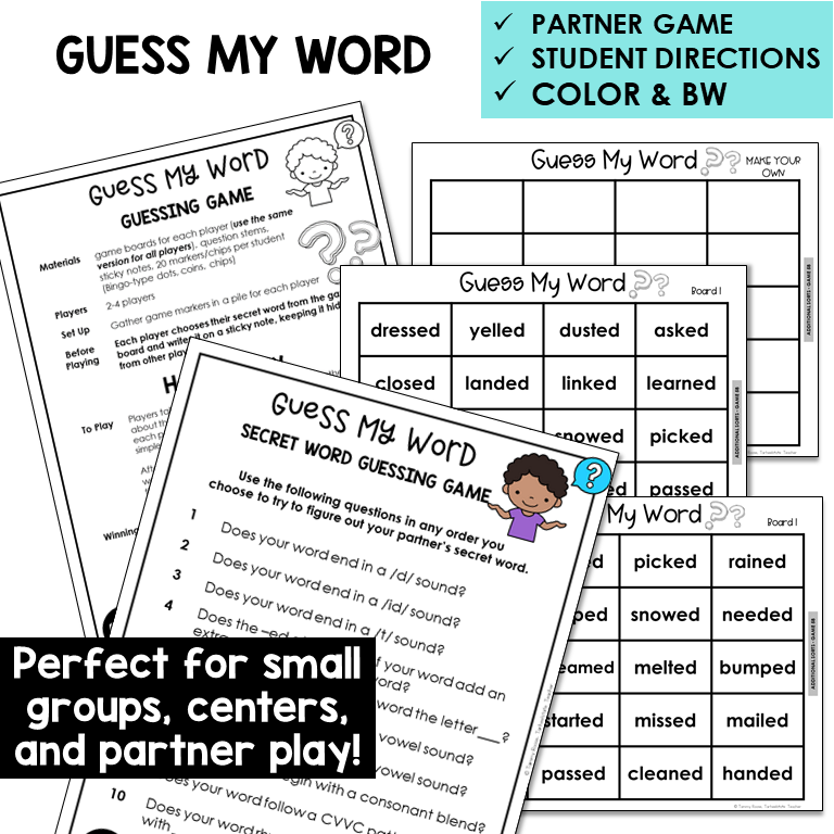 Guess My Word boards and question sheet for the three sounds of -ED
