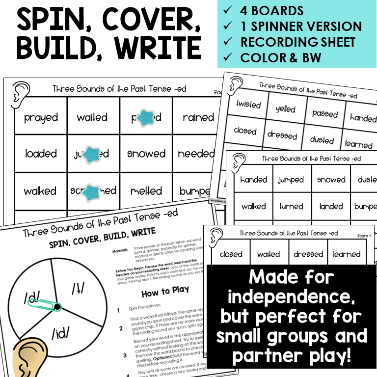 Spin, Cover, Build, Write word boards and spinner for /d/, /id/, and /t/