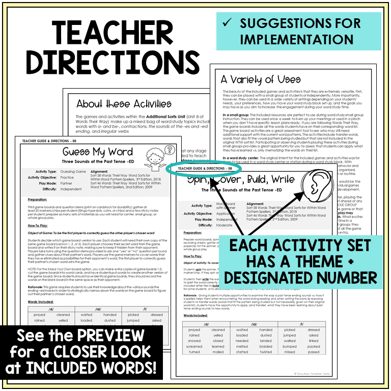 Teacher directions for past tense -ED games