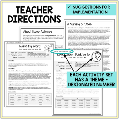 Teacher directions and suggestions for implementation, past tense -ED