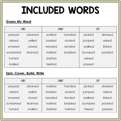 Word list for past tense -ED games, Sort 58