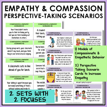 Examples of compassion and empathy cards with pictures of students responding with empathy