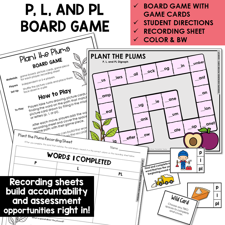 Plant the Plums board game, game cards, and recording sheet for P, L, and blend PL
