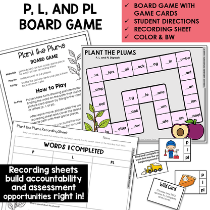 Plant the Plums board game, game cards, and recording sheet for P, L, and blend PL