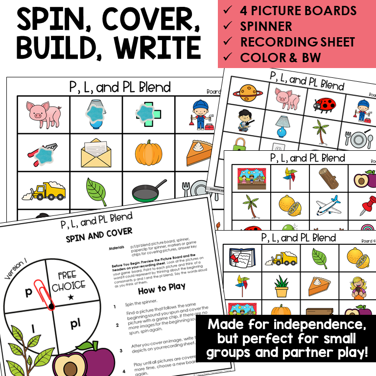 Spin and Cover picture boards and spinner for P, L, and blend PL