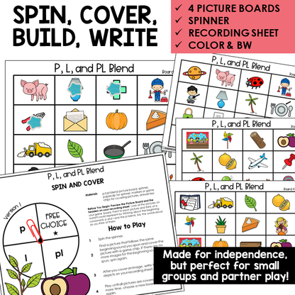 Spin and Cover picture boards and spinner for P, L, and blend PL