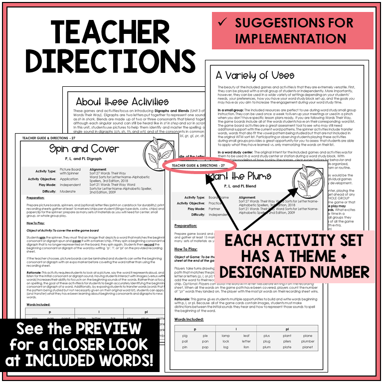 Teacher directions for P, L, and blend PL games
