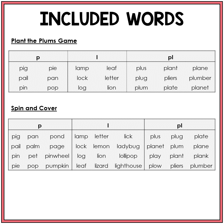 Word list for P, L, and blend PL games, Sort 27
