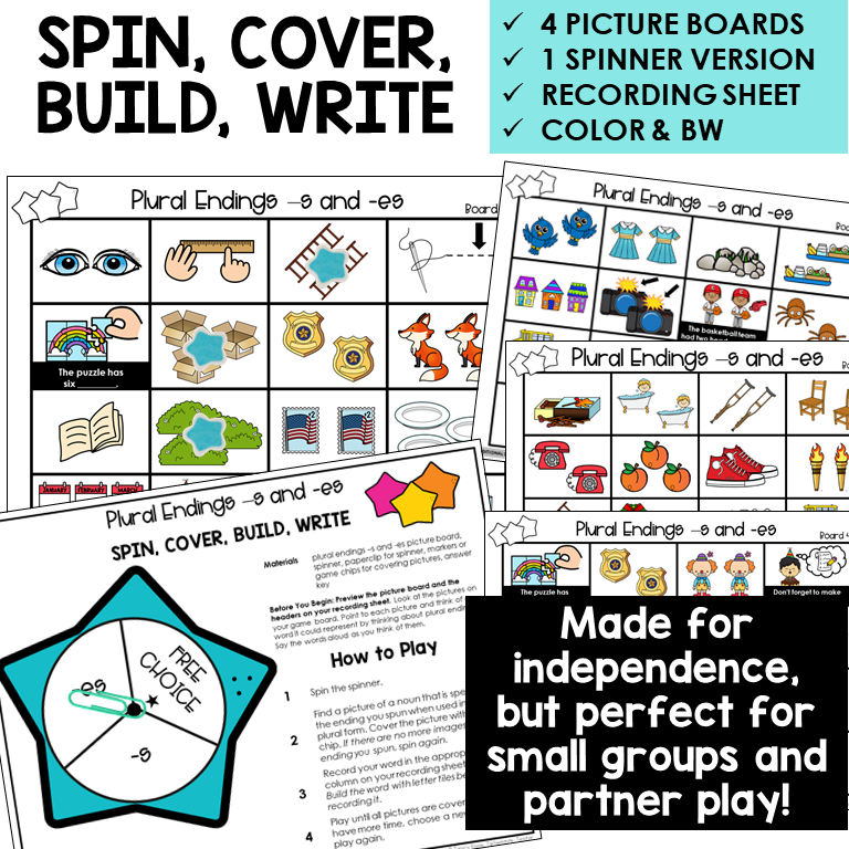 Spin, Cover, Build, Write picture boards and spinner for plural -S and -ES