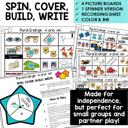 Spin, Cover, Build, Write picture boards and spinner for plural -S and -ES