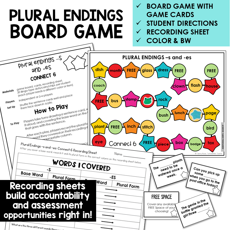 Connect 6 plural endings board game with sentence cards and recording sheet