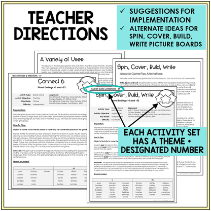 Teacher directions and alternate ideas for Spin, Cover, Build, Write picture boards
