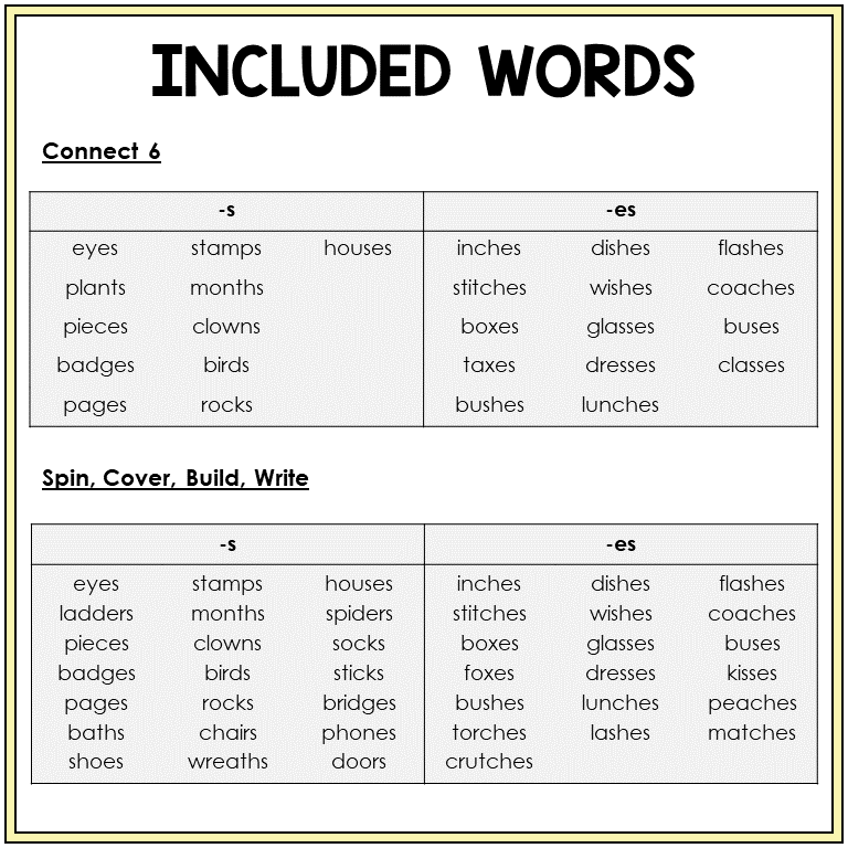 Word list for plural -S and -ES games, Sort 57