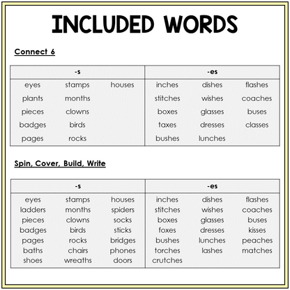 Word list for plural -S and -ES games, Sort 57