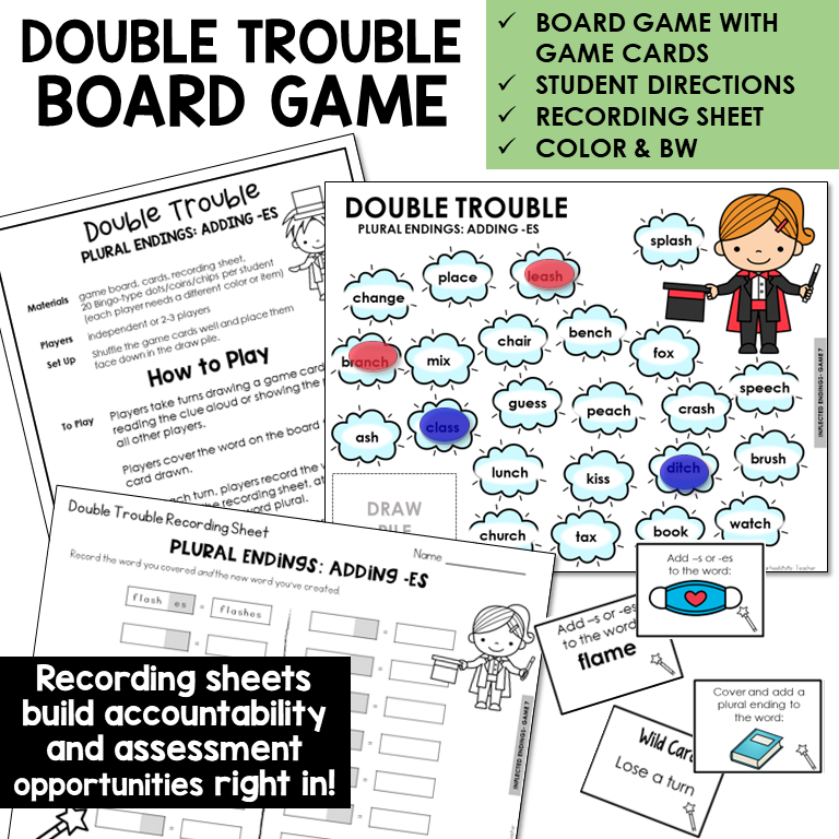 Double Trouble Board Game for plural endings -S and -ES, with recording sheet